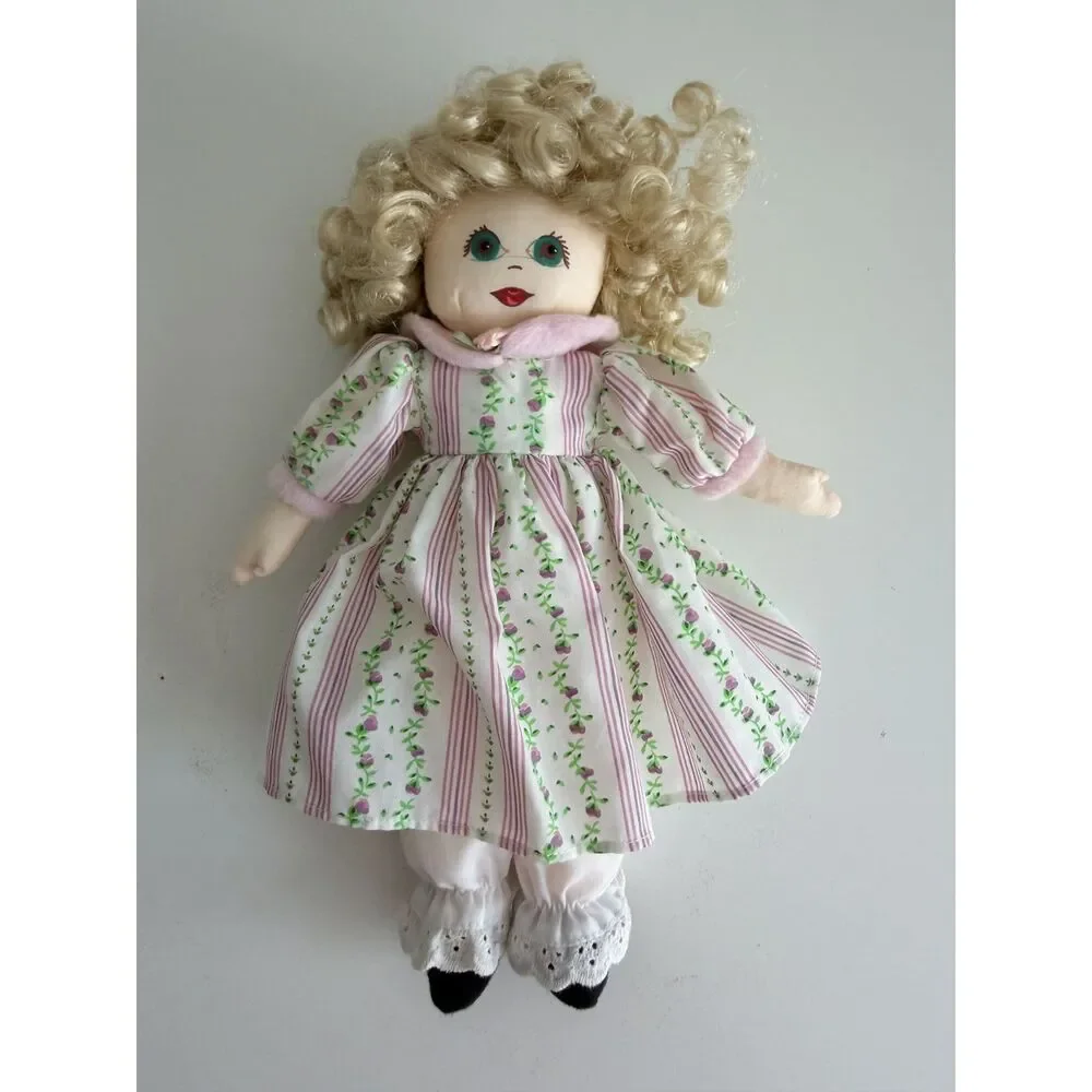 Vintage Style Cloth Rag Doll Blonde Curly Hair Floral Prairie Dress Bloomers 11
